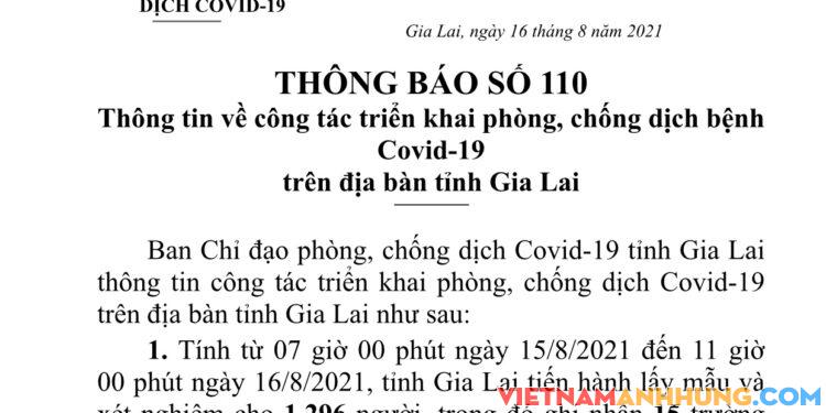 Thông báo 110: Gia Lai ghi nhận thêm 15 trường hợp dương tính Sars-CoV-2