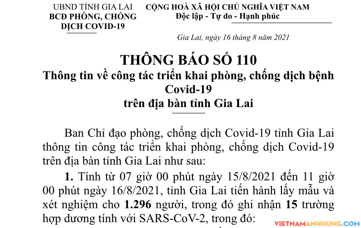 Thông báo 110: Gia Lai ghi nhận thêm 15 trường hợp dương tính Sars-CoV-2