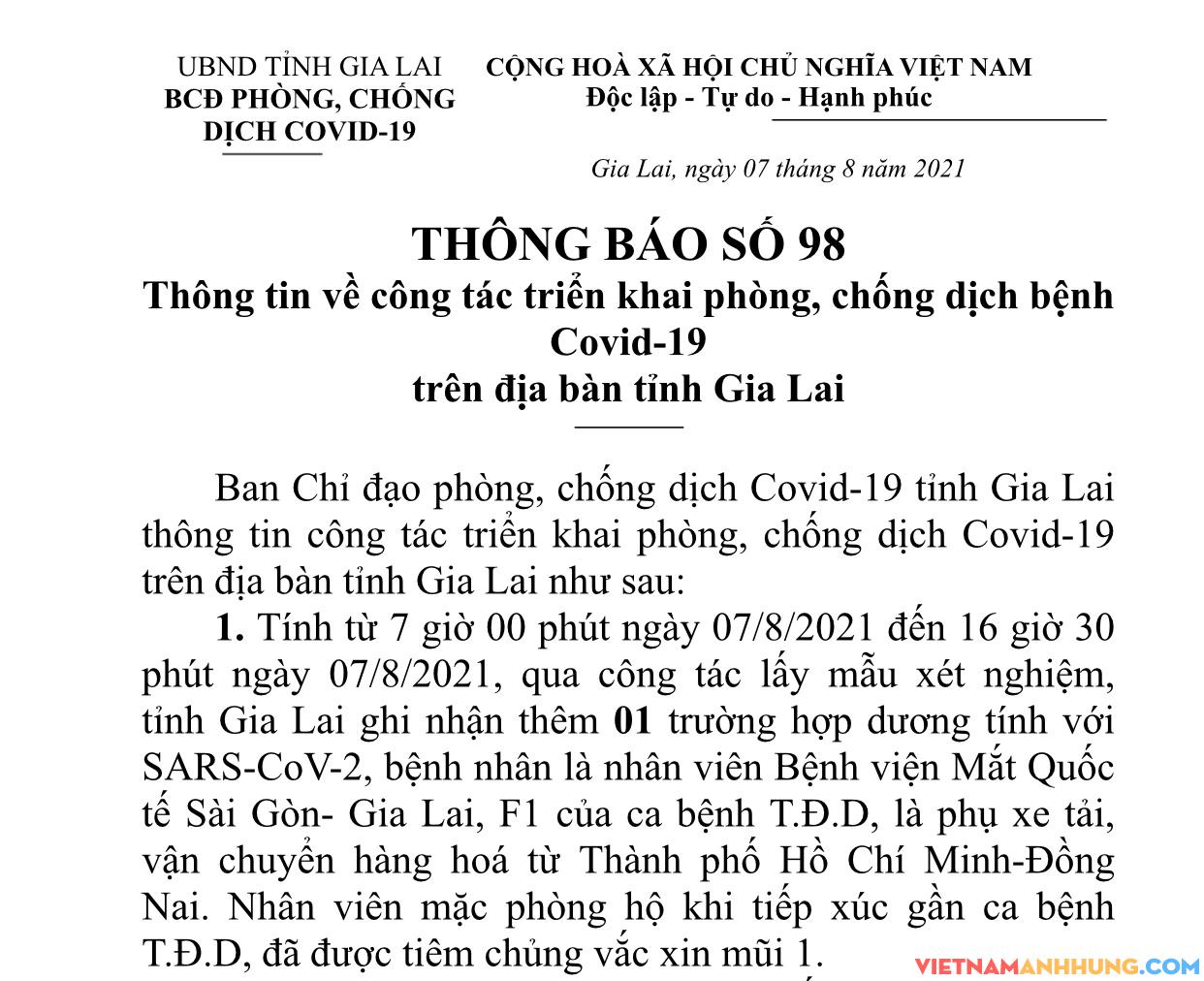 Thông báo số 98: Gia Lai ghi nhận một trường hợp dương tính Sars-CoV-2 là nhân viên y tế Bệnh viện mắt quốc tế Sài Gòn