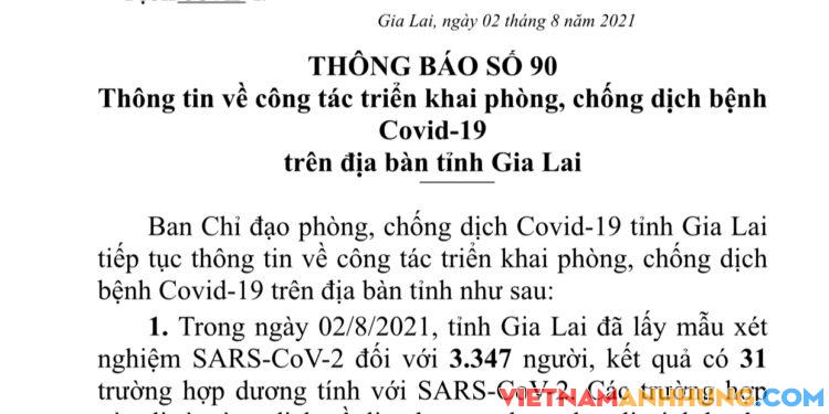 Thông báo số 90: tỉnh Gia Lai ghi nhận thêm 31 trường hợp dương tính với Sars-CoV-2 đi từ vùng dịch về đã được cách ly