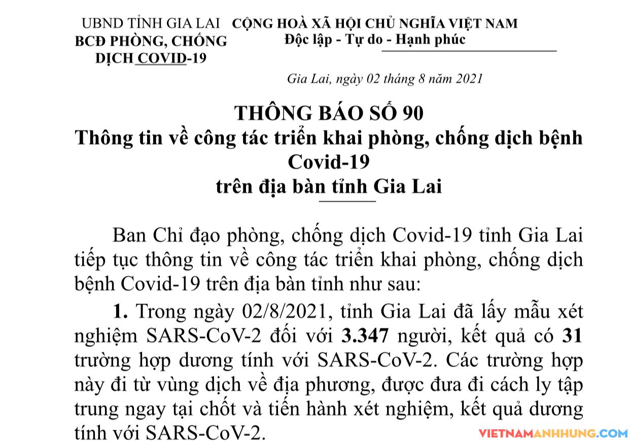 Thông báo số 90: tỉnh Gia Lai ghi nhận thêm 31 trường hợp dương tính với Sars-CoV-2 đi từ vùng dịch về đã được cách ly