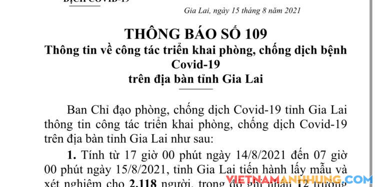 Thông báo 109: Gia Lai ghi nhận 12 trường hợp dương tính trong khu cách ly