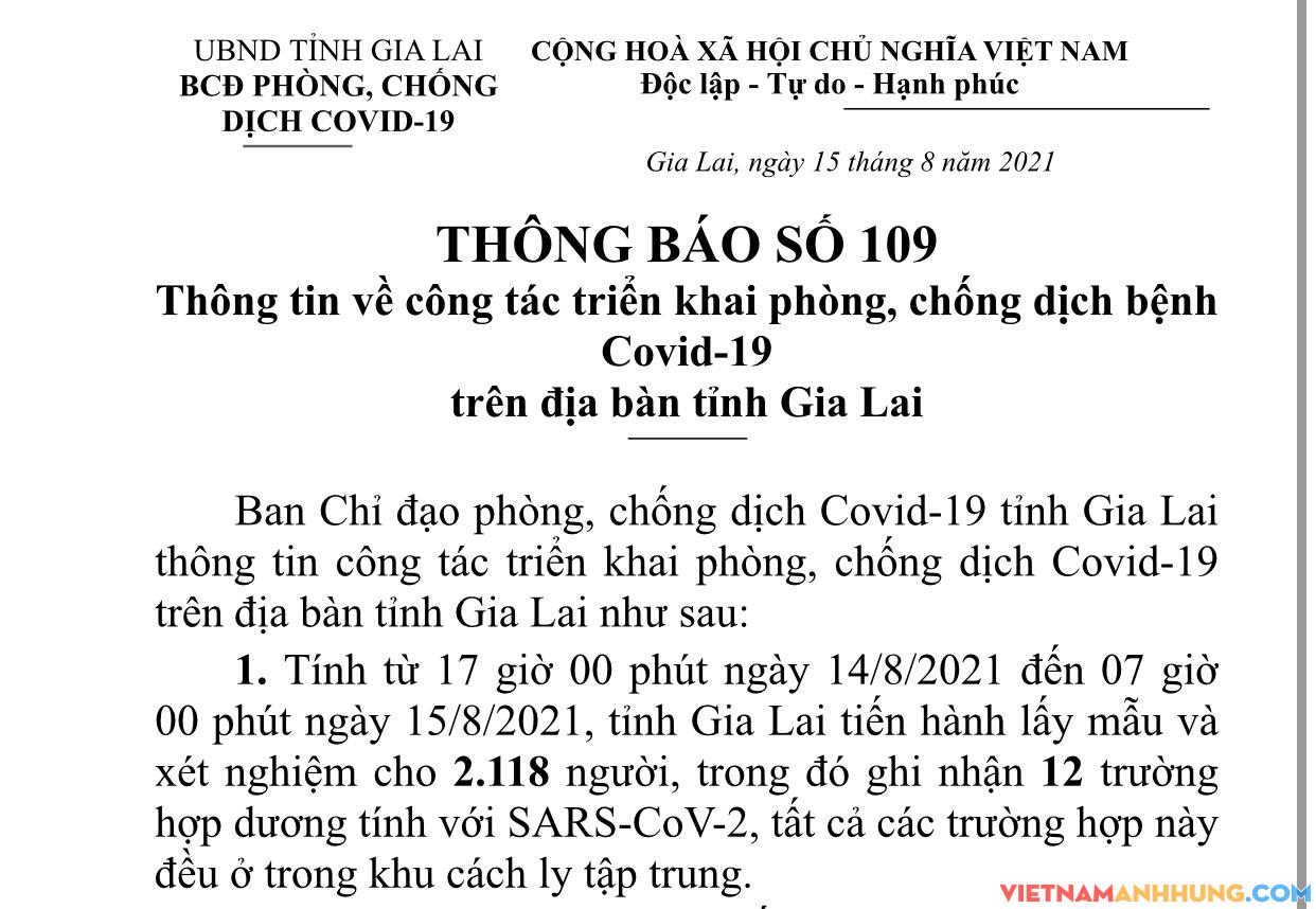 Thông báo 109: Gia Lai ghi nhận 12 trường hợp dương tính trong khu cách ly