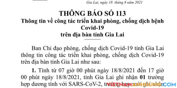 Thông báo 113: Gia Lai ghi nhận thêm 01 trường hợp dương tính với Sars-CoV-2