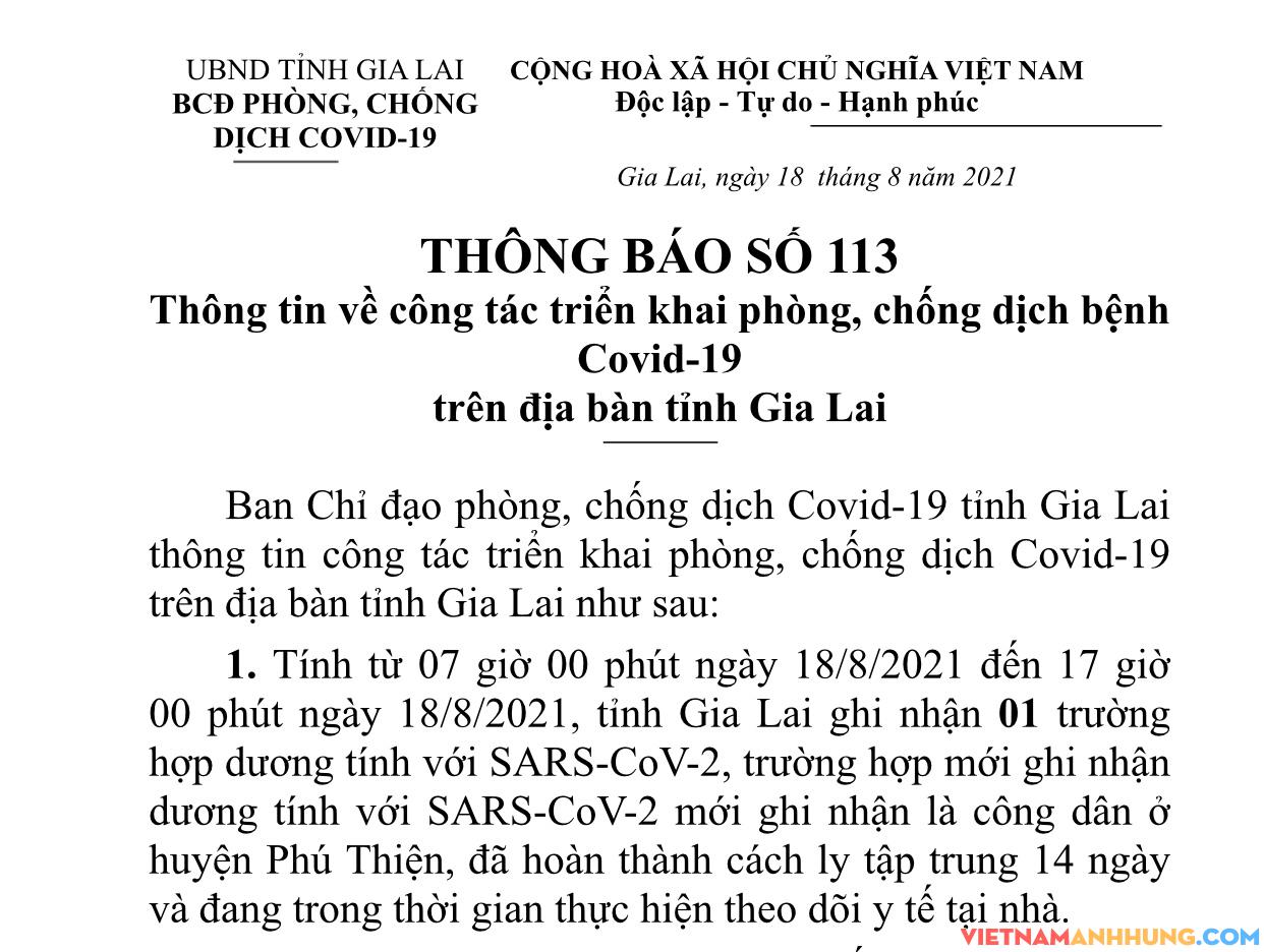 Thông báo 113: Gia Lai ghi nhận thêm 01 trường hợp dương tính với Sars-CoV-2