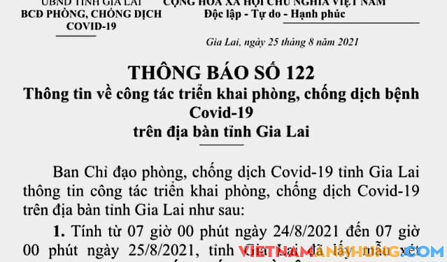 Thông báo 122: Ngày 25/8/2021 Gia Lai chưa ghi nhận ca nhiễm mới