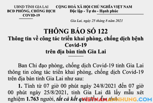 Thông báo 122: Ngày 25/8/2021 Gia Lai chưa ghi nhận ca nhiễm mới