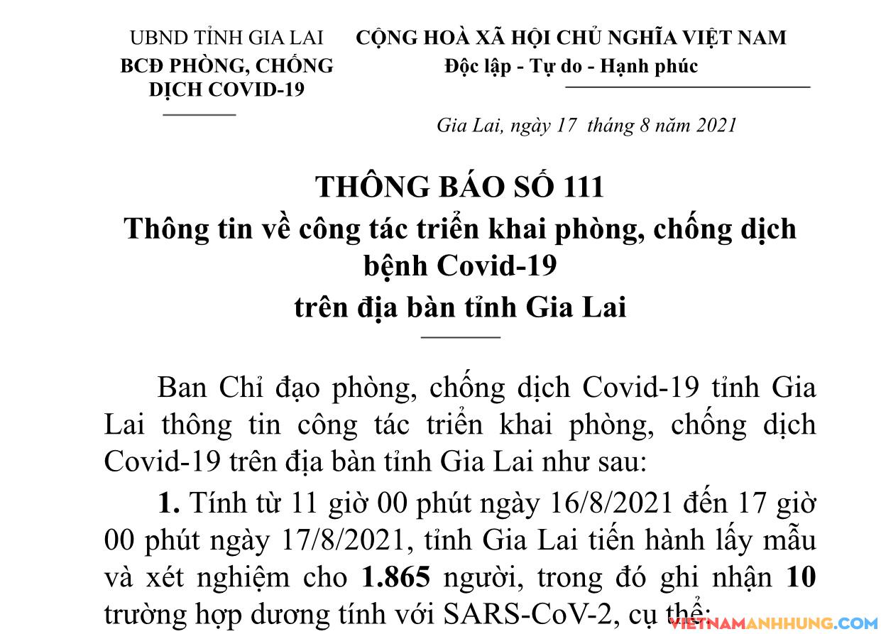 Thông báo 111: Gia Lai ghi nhận thêm 10 trường hợp dương tính với Sars-CoV-2 trong khu cách ly và giám sát y tế tại nhà