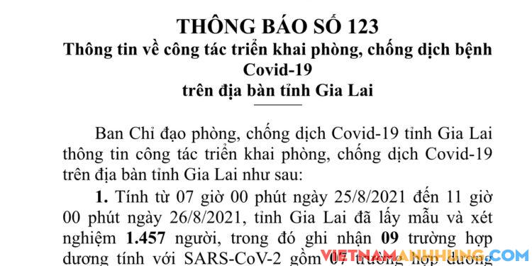 Thông báo 123: Gia Lai ghi nhận 09 trường hợp dương tính với Sars-CoV-2