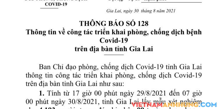 Thông báo 128: Gia Lai ghi nhận thêm 09 trường hợp dương tính với Sars-CoV-2 (02 trong khu cách ly và 07 tái dương tính)