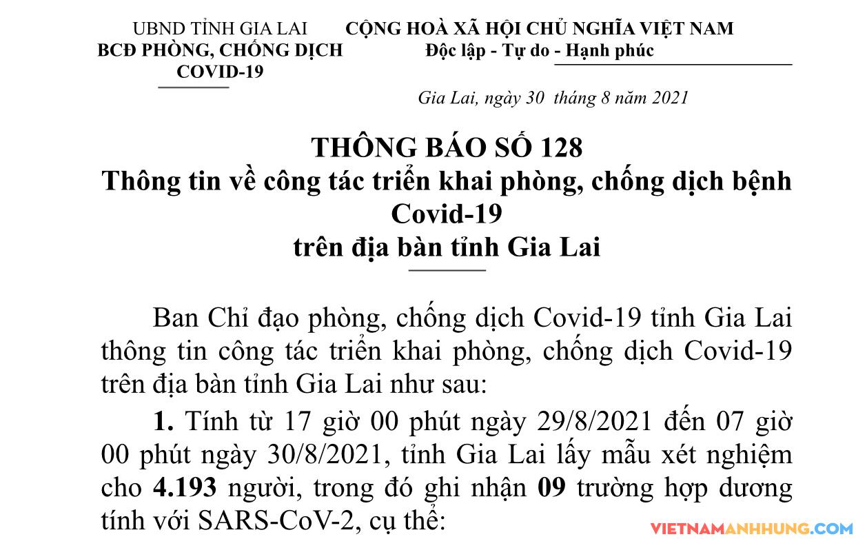 Thông báo 128: Gia Lai ghi nhận thêm 09 trường hợp dương tính với Sars-CoV-2 (02 trong khu cách ly và 07 tái dương tính)