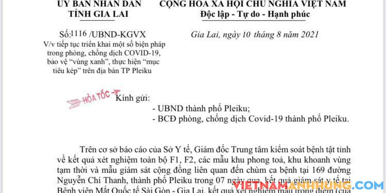 Công văn hoả tốc của UBND tỉnh Gia Lai về công tác phòng, chống dịch Covid-19