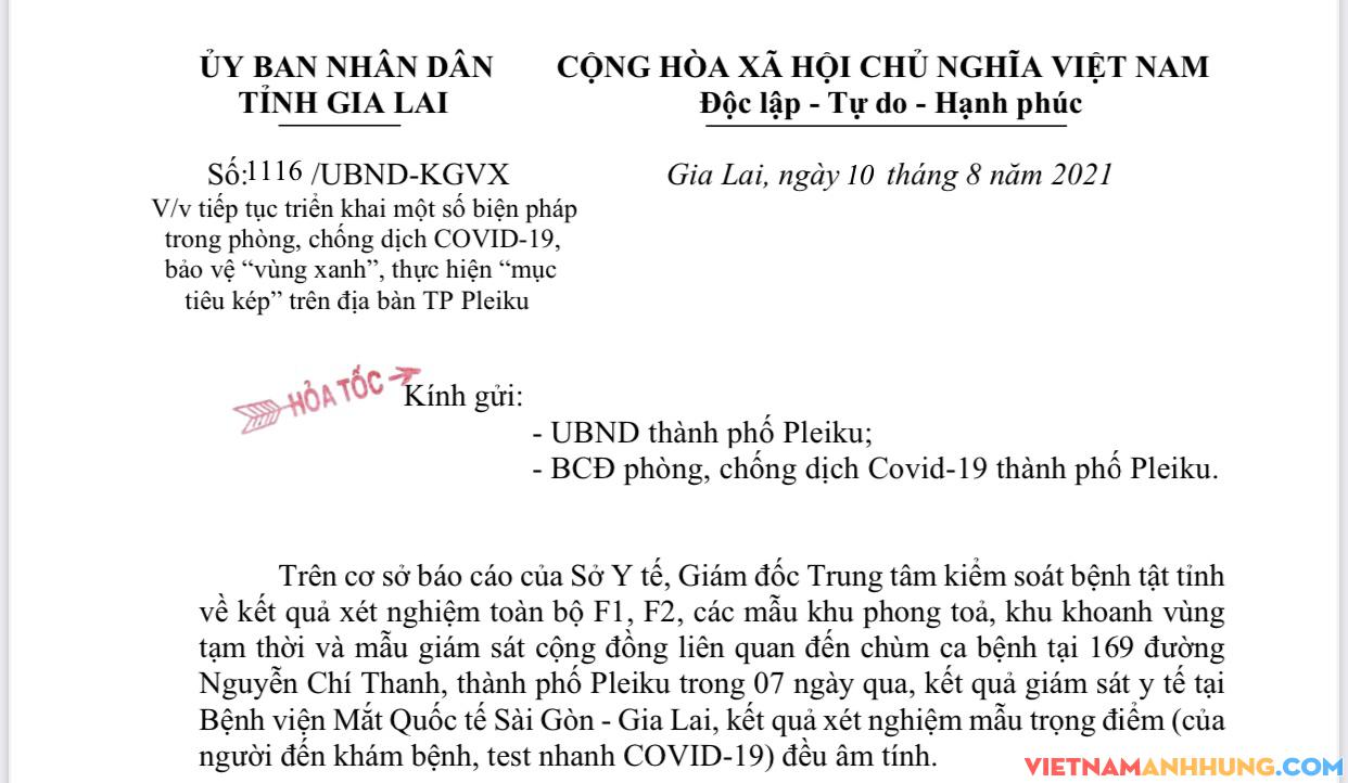 Công văn hoả tốc của UBND tỉnh Gia Lai về công tác phòng, chống dịch Covid-19