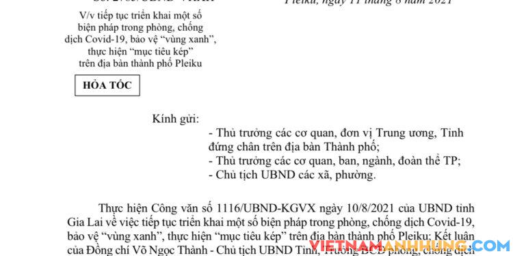 Công văn của UBND thành phố Pleiku về tiếp tục triển khai một số biện pháp trong phòng, chống dịch Covid-19