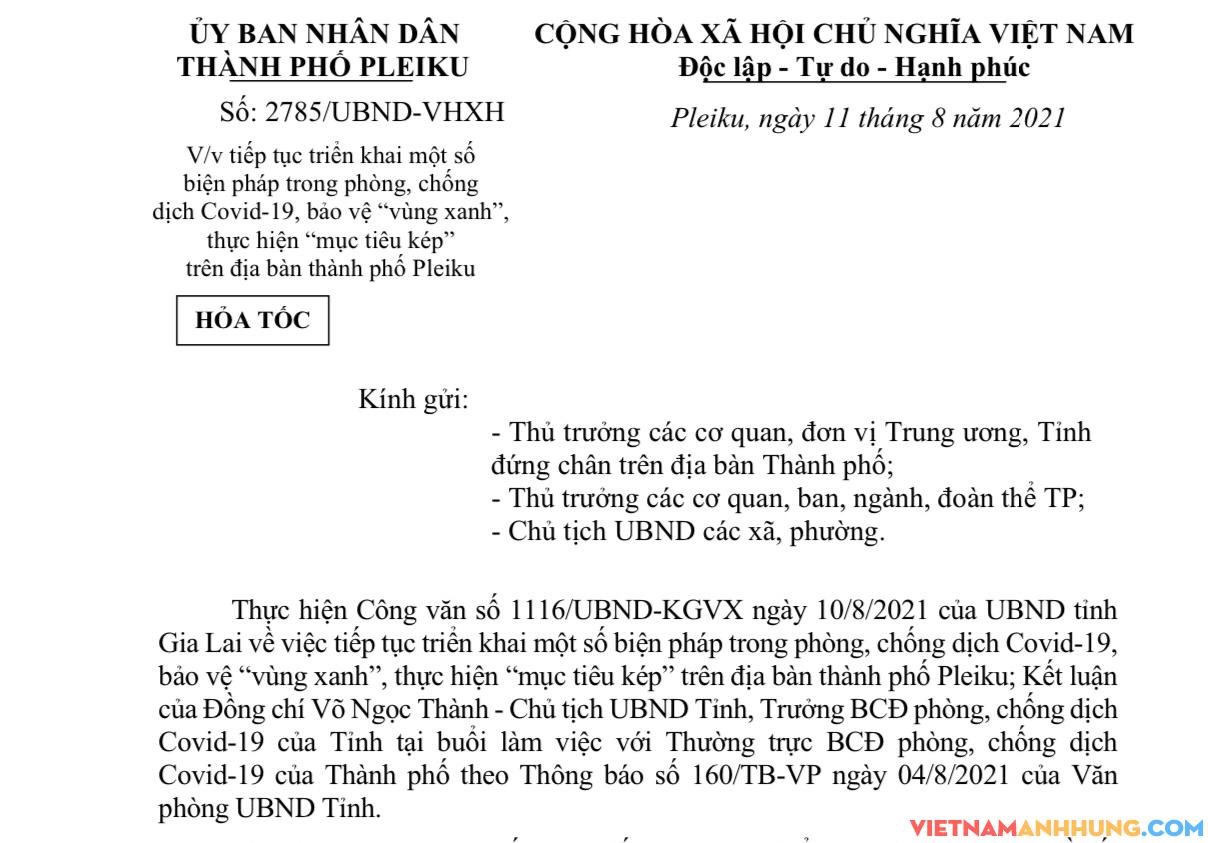 Công văn của UBND thành phố Pleiku về tiếp tục triển khai một số biện pháp trong phòng, chống dịch Covid-19