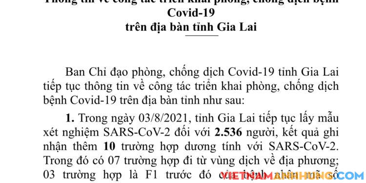 Thông báo số 92: Gia Lai ghi nhận thêm 10 trường hợp dương tính với Sars-CoV-2