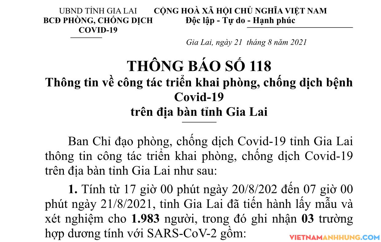 Thông báo 118: Gia Lai ghi nhận thêm 03 trường hợp dương tính với Sars-CoV-2
