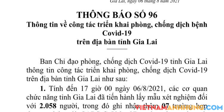 Thông báo số 96: Gia Lai ghi nhận 07 trường hợp dương tính với Sars-CoV-2 đi từ vùng dịch về đã được cách ly