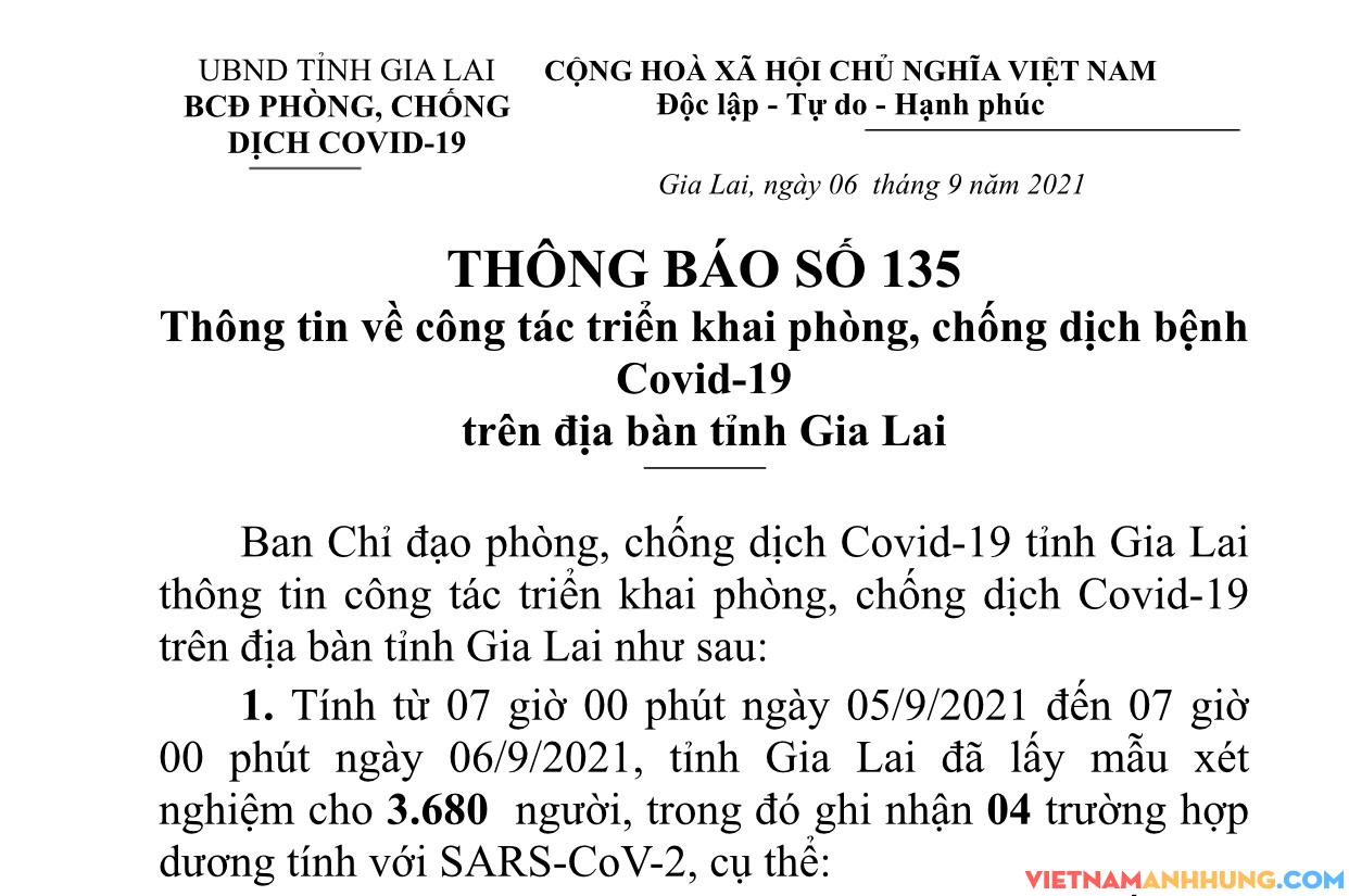 Thông báo 135: Gia Lai ghi nhận thêm 04 trường hợp dương tính với Sars-CoV-2