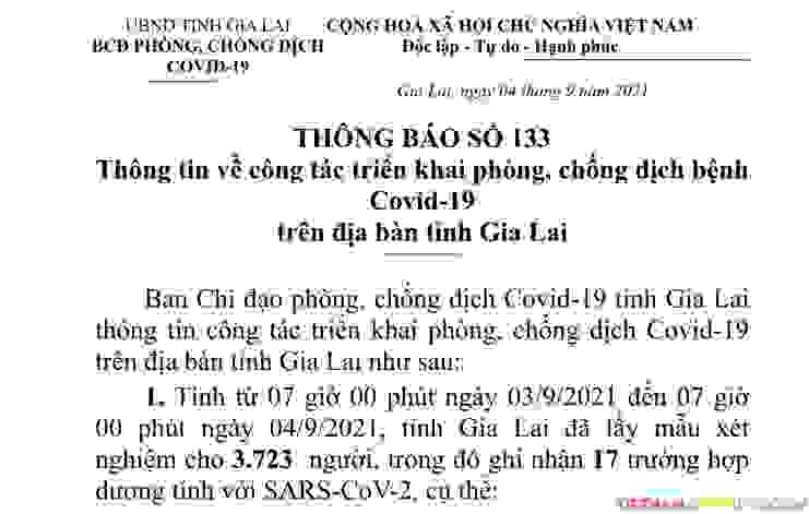 Thông báo 133: Gia Lai ghi nhận thêm 17 trường hợp dương tính với Sars-CoV-2