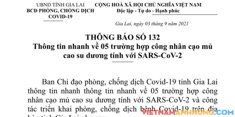 Thông báo 132: Gia Lai ghi nhận thêm 05 trường hợp dương tính với Sars-CoV-2