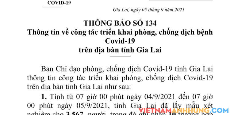 Thông báo 134: Gia Lai ghi nhận thêm 10 trường hợp dương tính với Sars-CoV-2
