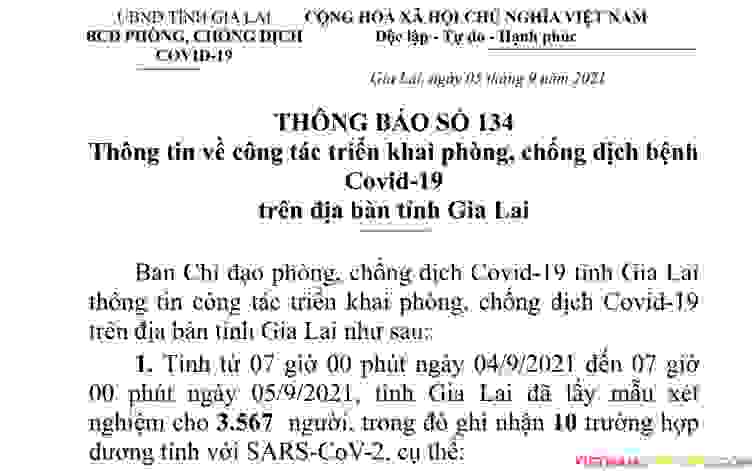 Thông báo 134: Gia Lai ghi nhận thêm 10 trường hợp dương tính với Sars-CoV-2