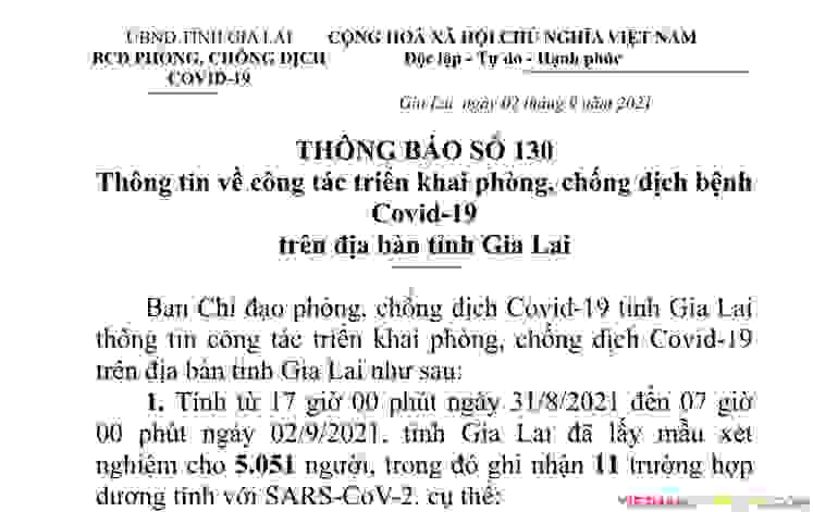 Thông báo 130: Gia Lai ghi nhận thêm 11 trường hợp dương tính Sars-CoV-2