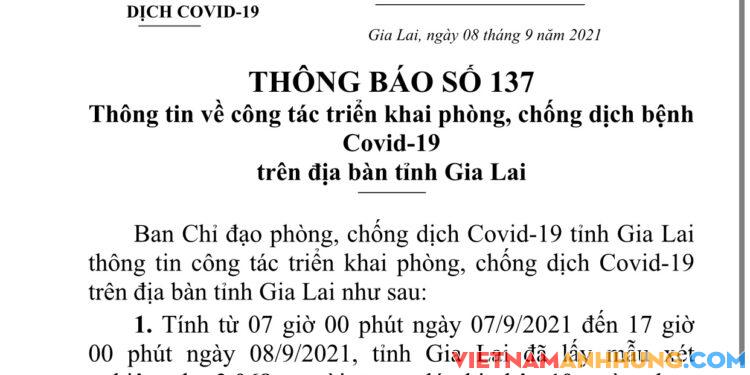 Thông báo 137: Gia Lai ghi nhận thêm 10 trường hợp dương tính với Sars-CoV-2