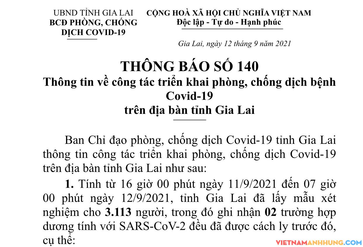 Thông báo 140: Gia Lai ghi nhận thêm 02 trường hợp dương tính với Sars-CoV-2 tại khu cách ly