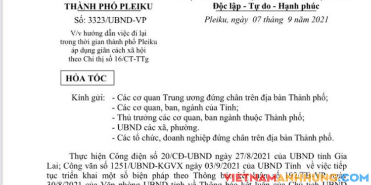 Thành phố Pleiku ban hành công văn hoả tốc về việc hướng dẫn đi lại trong thời gian thực hiện giãn cách xã hội theo Chỉ thị 16