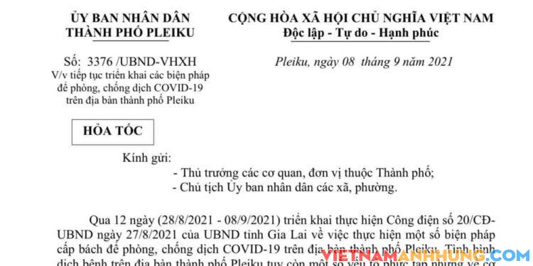 Công văn hoả tốc của UBND thành phố Pleiku về thực hiện các biện pháp phòng, chống dịch Covid-19