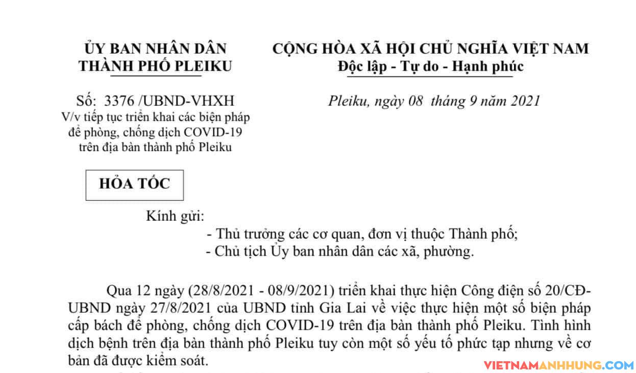Công văn hoả tốc của UBND thành phố Pleiku về thực hiện các biện pháp phòng, chống dịch Covid-19