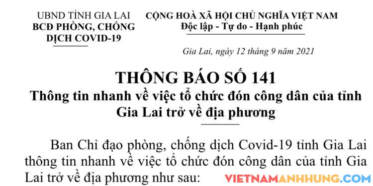 Thông báo số 141: Thông tin về việc tổ chức đón công dân Gia Lai trở về địa phương