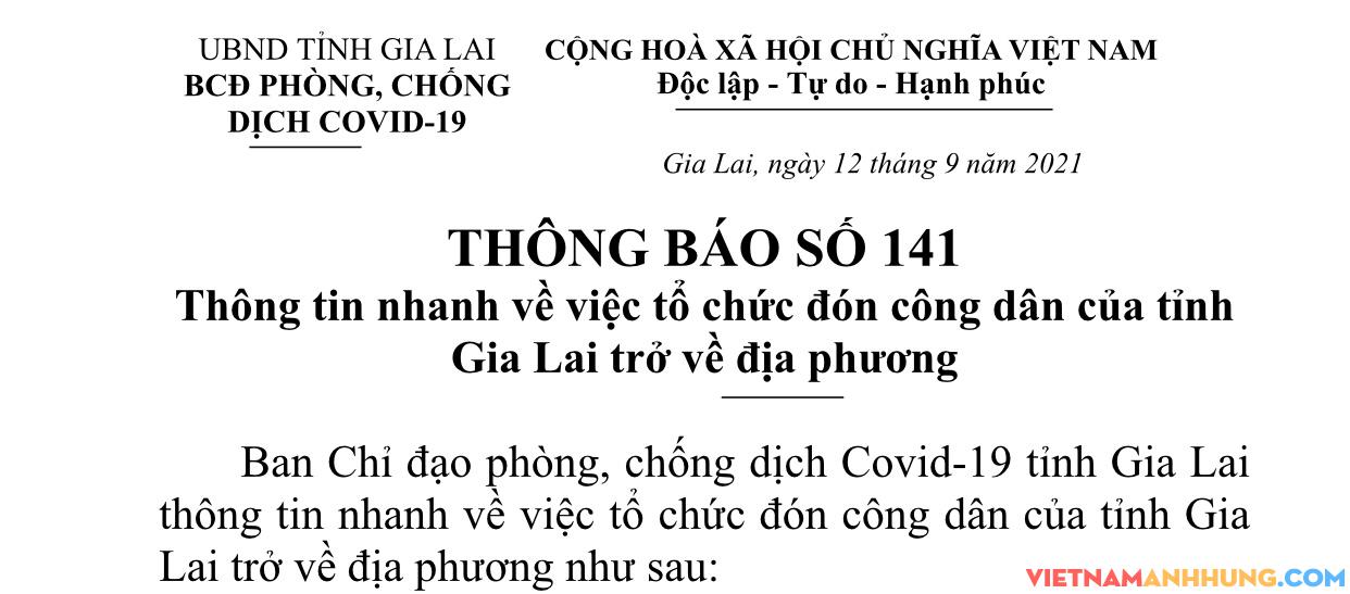 Thông báo số 141: Thông tin về việc tổ chức đón công dân Gia Lai trở về địa phương