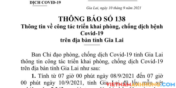 Thông báo 138: Gia Lai ghi nhận thêm 11 trường hợp dương tính với Sars-CoV-2 (07 trường hợp tái dương tính và 04 trường hợp trong khu cách ly)