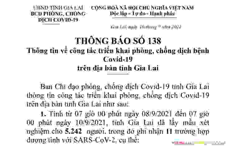 Thông báo 138: Gia Lai ghi nhận thêm 11 trường hợp dương tính với Sars-CoV-2 (07 trường hợp tái dương tính và 04 trường hợp trong khu cách ly)
