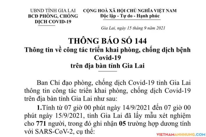 Thông báo 144: Gia Lai ghi nhận thêm 05 trường hợp dương tính với Sars-CoV-2 (trong đó có 04 trường hợp tái dương tính và 01 trường hợp dương tính trong khu cách ly)