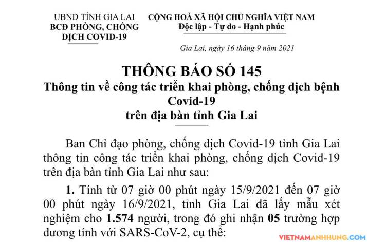 Thông báo 145: Gia Lai ghi nhận thêm 05 trường hợp dương tính Sars-CoV-2
