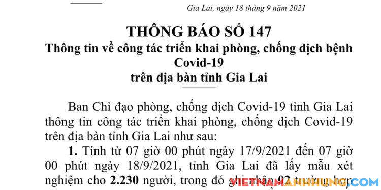 Thông báo 147: Gia Lai ghi nhận 02 trường hợp tái dương tính với Sars-CoV-2