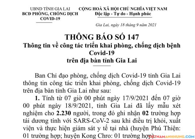 Thông báo 147: Gia Lai ghi nhận 02 trường hợp tái dương tính với Sars-CoV-2