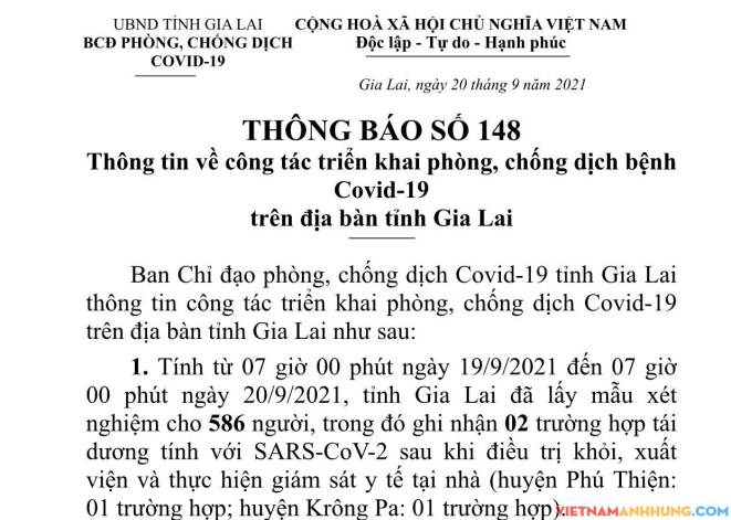 Thông báo 148: Gia Lai ghi nhận thêm 02 trường hợp tái dương tính với Sars-CoV-2