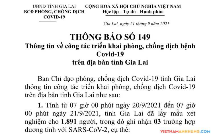 Thông báo số 149: Gia Lai ghi nhận thêm 03 trường hợp dương tính với Sars-CoV-2 (02 tái dương tính và 01 ở khu cách ly)