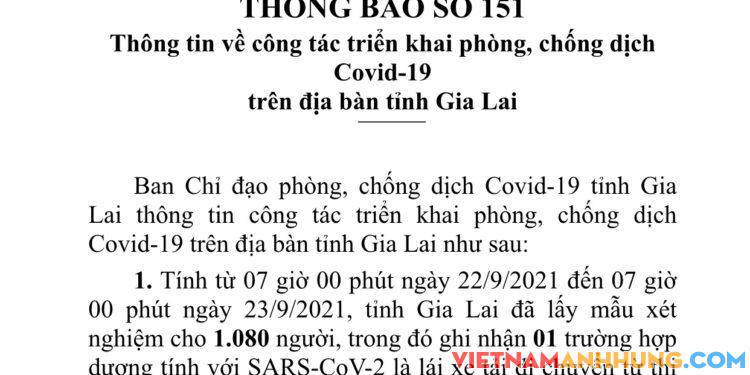 Thông báo 151: Gia Lai ghi nhận thêm 01 trường hợp dương tính với Sars-CoV-2