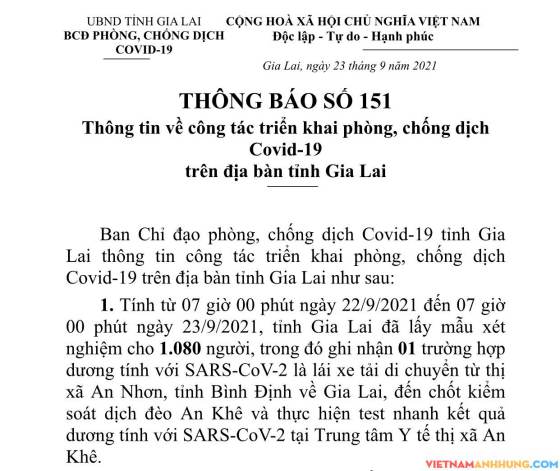 Thông báo 151: Gia Lai ghi nhận thêm 01 trường hợp dương tính với Sars-CoV-2