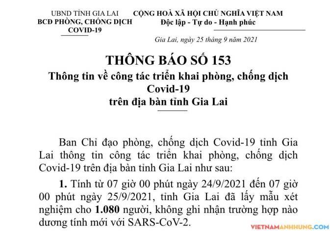 Thông báo 153: Thông tin về tình hình phòng, chống dịch Covid-19 trên địa bàn tỉnh Gia Lai