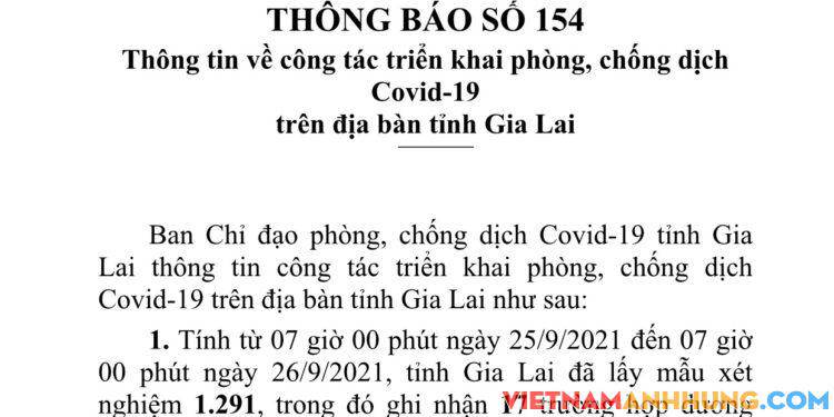 Thông báo 154: Gia Lai ghi nhận 17 trường hợp dương tính với Sars-CoV-2