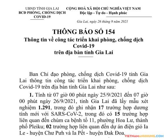 Thông báo 154: Gia Lai ghi nhận 17 trường hợp dương tính với Sars-CoV-2