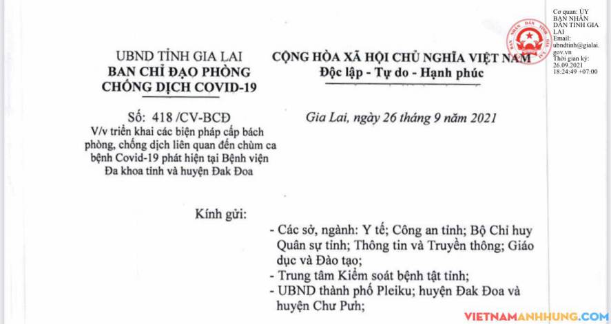 UBND tỉnh Gia Lai chỉ đạo triển khai các biện pháp cấp bách phòng, chống dịch liên quan đến chùn ca bệnh Covid-19 phát hiện tại Bệnh viện đa khoa tỉnh và huyện Đak Đoa