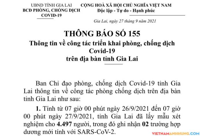 Thông báo 155: Gia Lai ghi nhận thêm 02 trường hợp dương tính với Sars-CoV-2